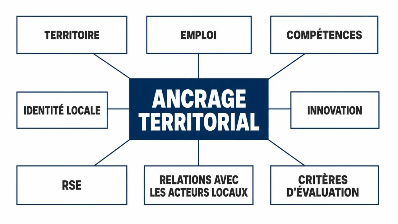 Ancrage territorial : schéma éditorial des liens entre territoire, emploi, innovation et identité locale