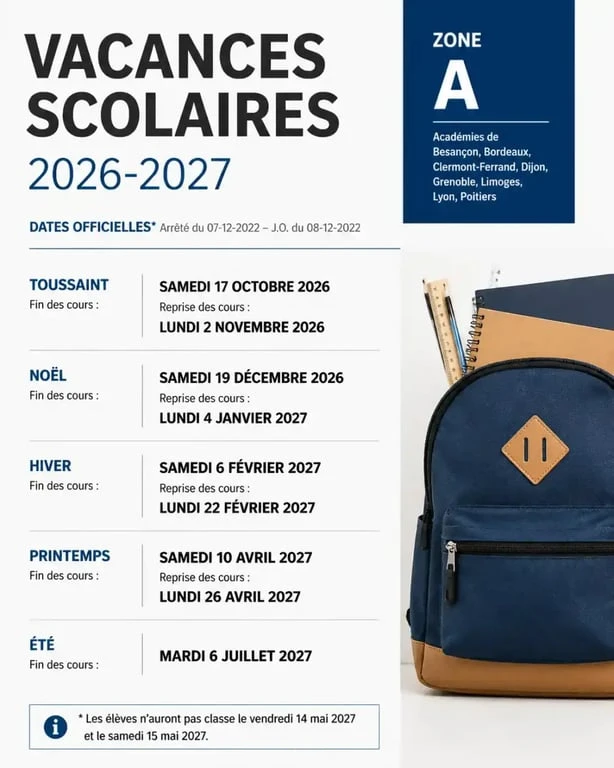 Calendrier des vacances scolaires 2026-2027 zone A à Annecy