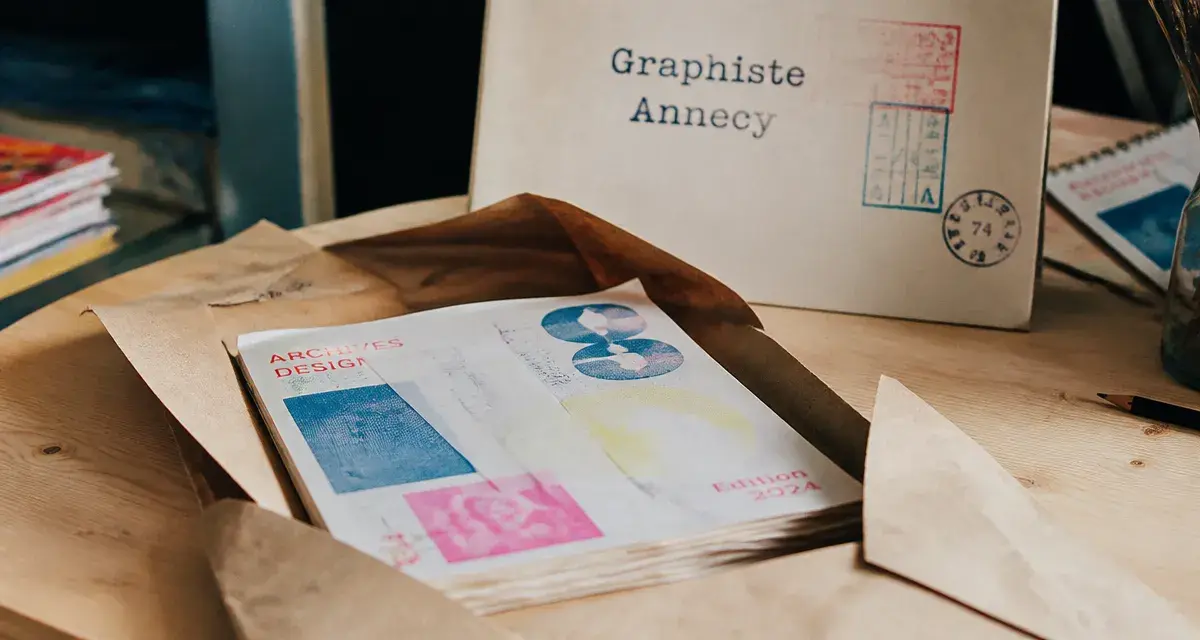 Emploi graphiste Annecy : portfolio risographie froissé sur table