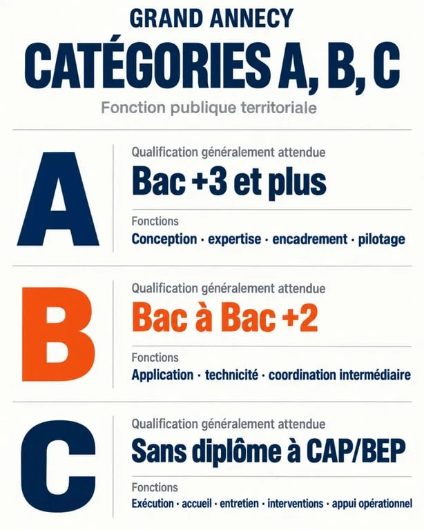 Offre emploi Grand Annecy : infographie des catégories A, B et C de la fonction publique territoriale