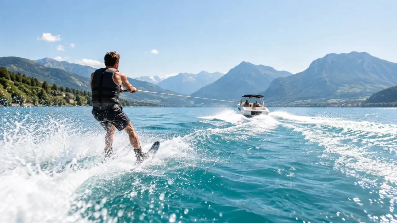 Initiation au ski nautique Annecy sur le lac avec les montagnes en arrière-plan