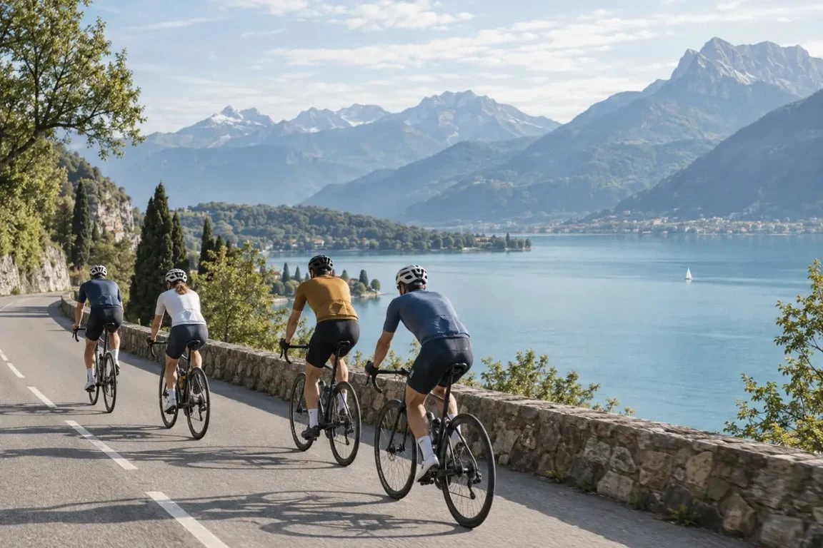 Vélo club Annecy : groupe de cyclotouristes roulant autour du lac avec les montagnes en arrière-plan