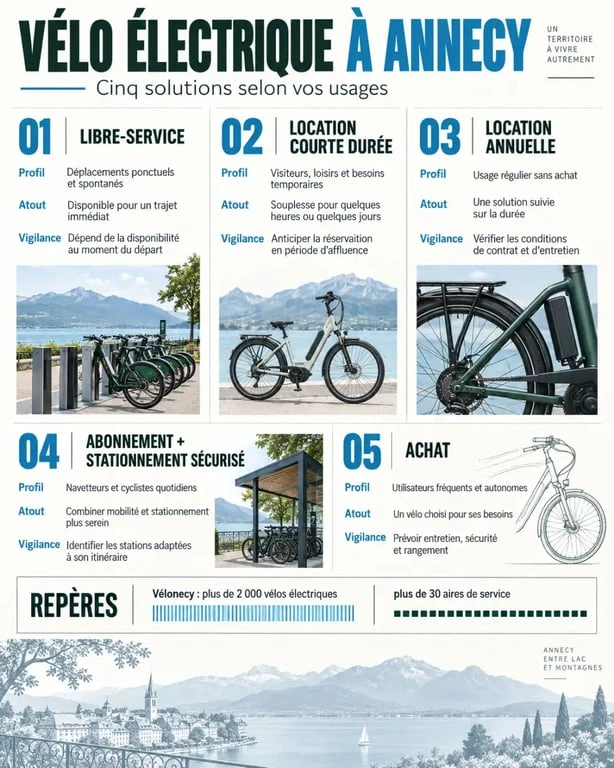 Infographie des solutions de vélo électrique à Annecy : location, libre-service, abonnement et achat