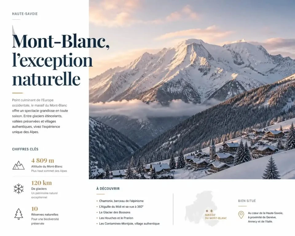 Paysage enneigé du massif du Mont-Blanc, idéal pour visiter la Haute-Savoie en hiver