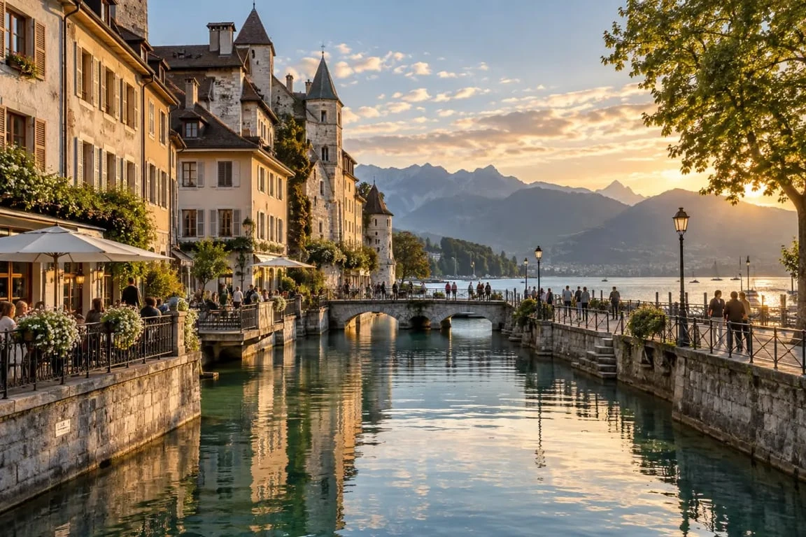 Sortir à Annecy au bord du lac avec vue sur la vieille ville et les montagnes