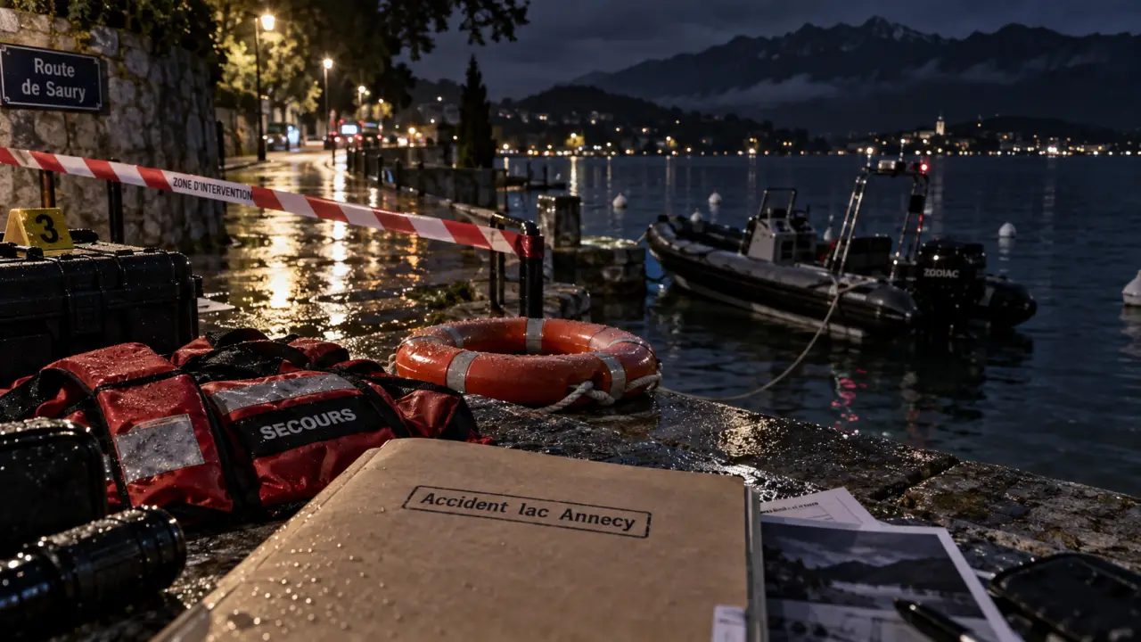 Lac Annecy accident : balisage rouge et blanc sur la berge du lac