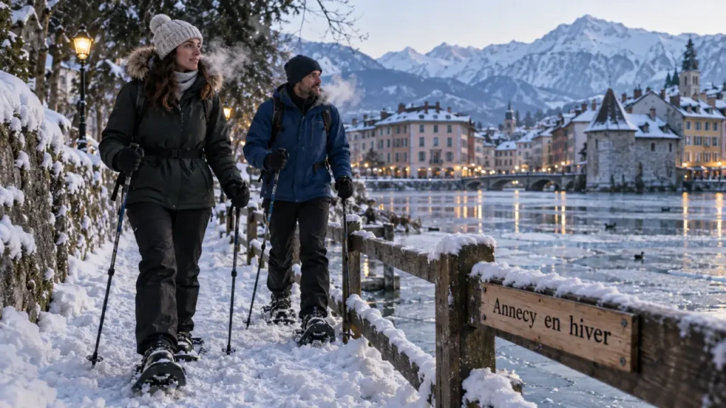 Que visiter en Haute Savoie en hiver : couple sur le lac d’Annecy enneigé, fumée de froid et sommets