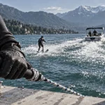 Ski nautique annecy : débutant sur le lac, sillage du bateau
