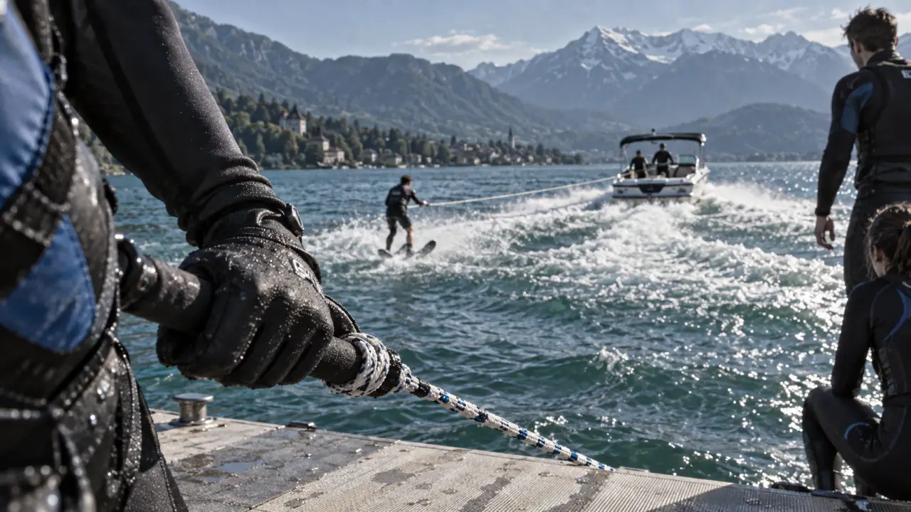 Ski nautique annecy : débutant sur le lac, sillage du bateau