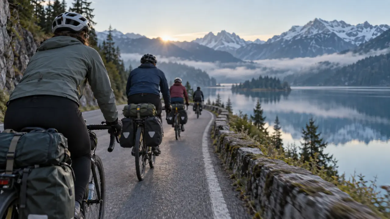 Vélo club Annecy : groupe de cyclistes au lac, montagnes au fond