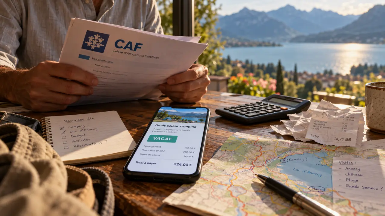 Camping annecy vacaf : parent vérifie les documents et devis de camping