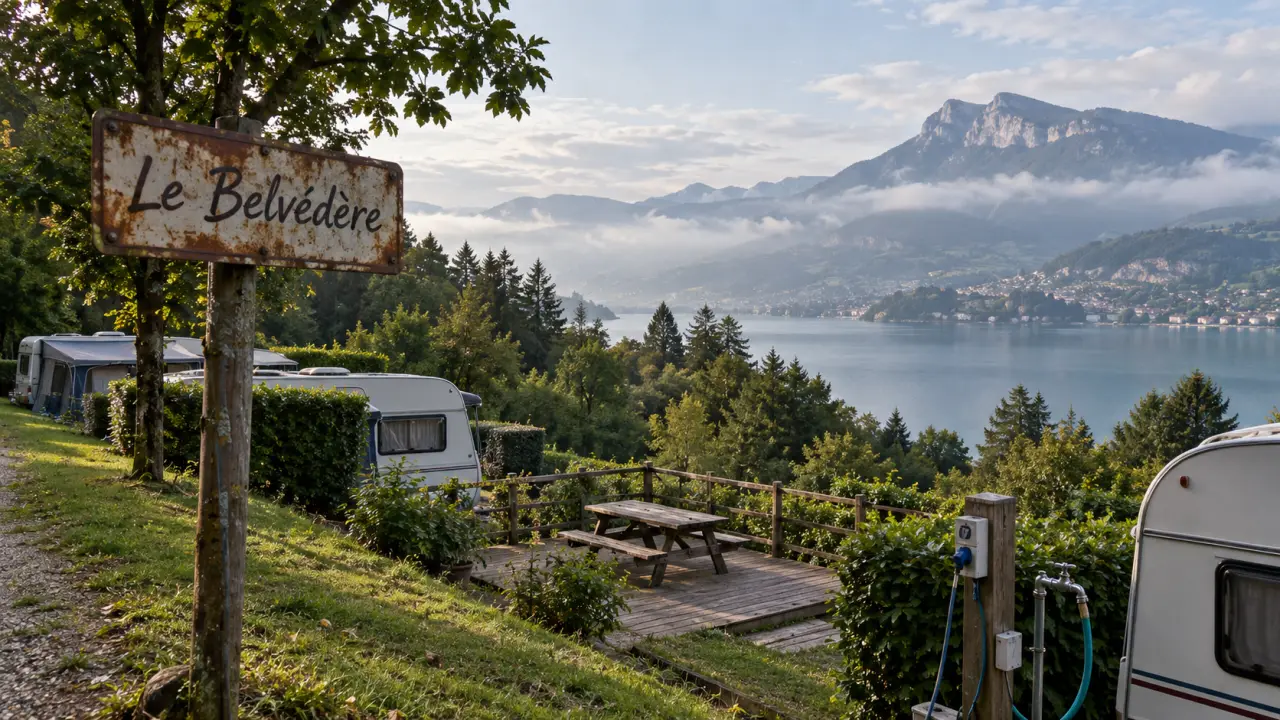 Camping le belvedere annecy : vue sur le lac depuis l’allée du camping