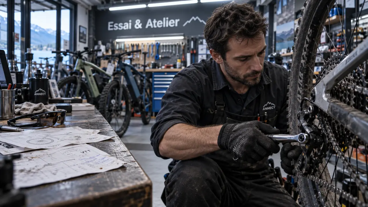 dVélos Annecy : magasin vélo & réparation & location Annecy, mécanicien ajuste un dérailleur