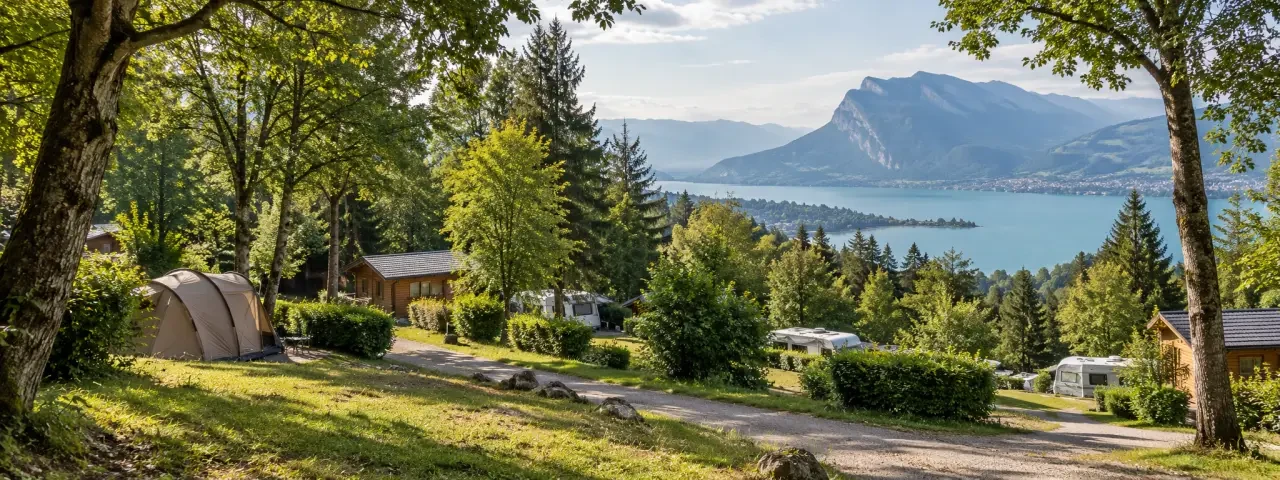 Camping Le Belvédère Annecy sur un terrain arboré avec vue sur le lac et les montagnes