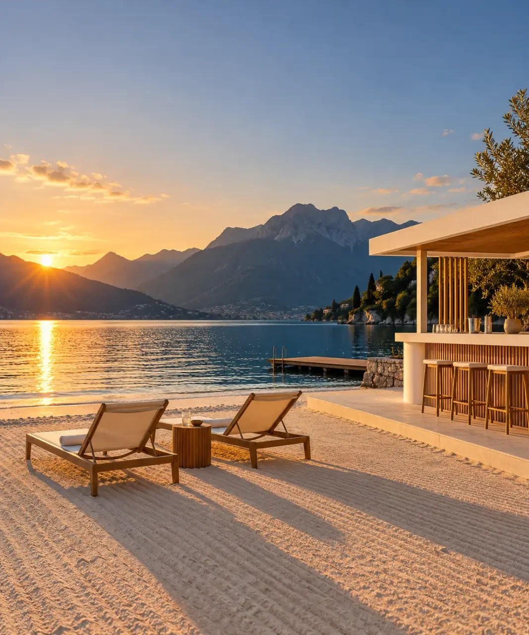 POP Plage Annecy au bord du lac avec transats et coucher de soleil