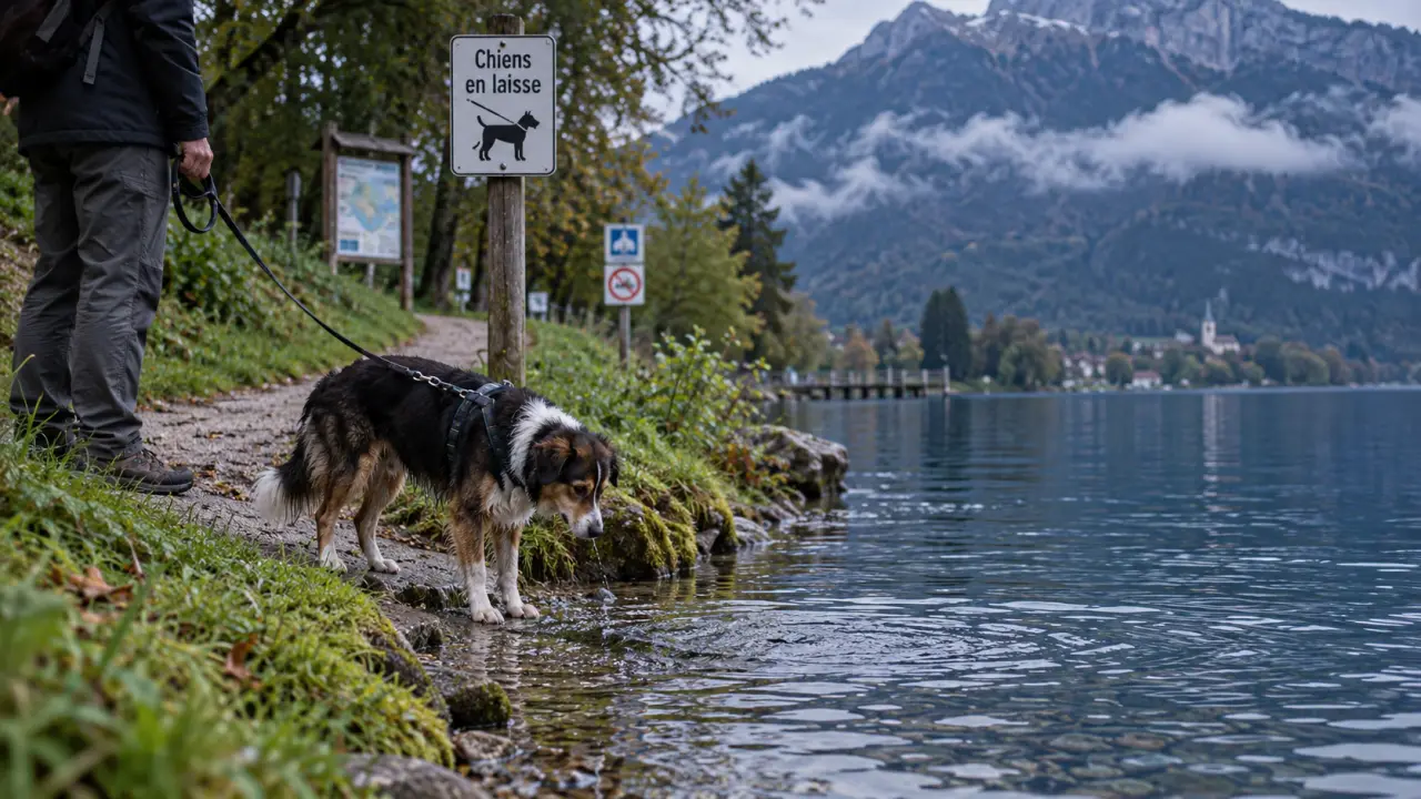 Plage chien annecy : chien en laisse près de la rive, accès à vérifier