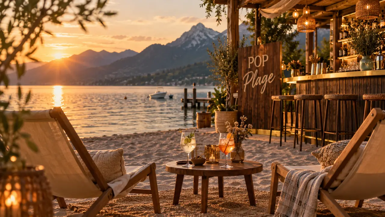 pop plage annecy : transats et bar au bord du lac au coucher du soleil